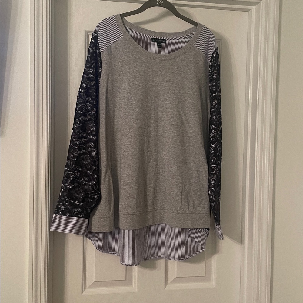 Lane Bryant Gray Top with Blue Stripes and Black Lace